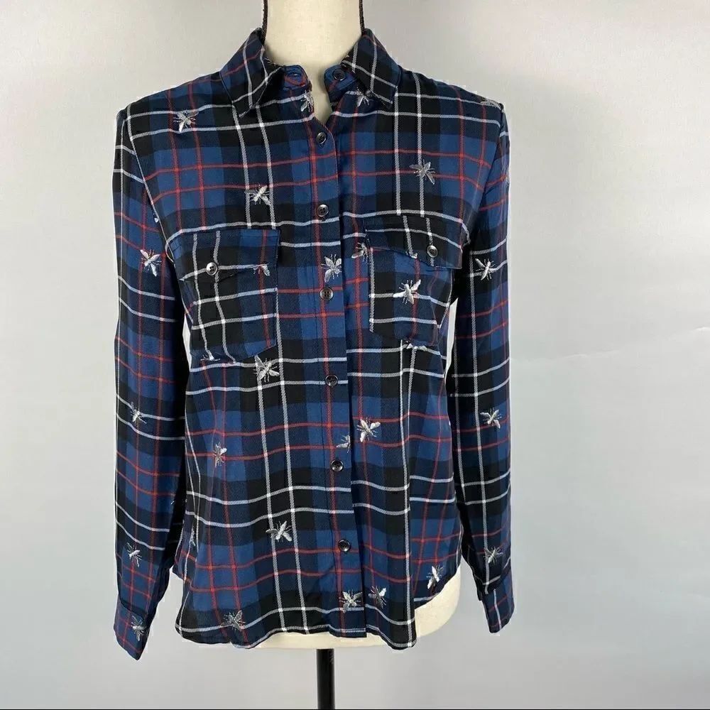 Nanette Lepore Plaid Long Sleeve Shirt with Queen B Print